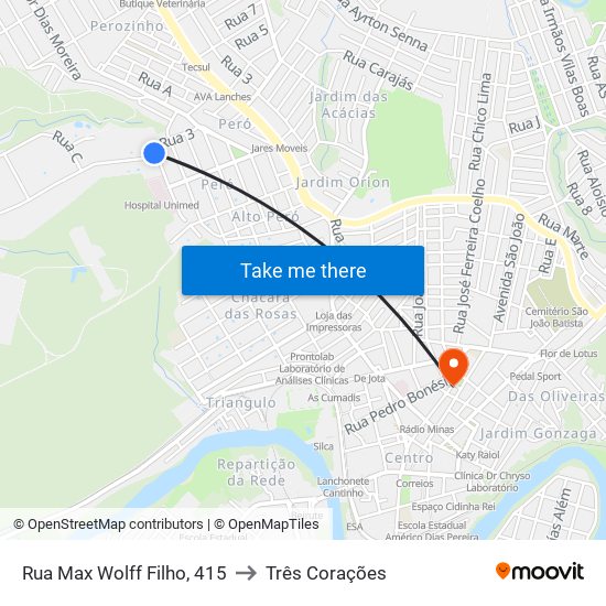 Rua Max Wolff Filho, 415 to Três Corações map