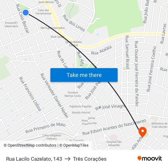 Rua Lacilo Cazelato, 143 to Três Corações map