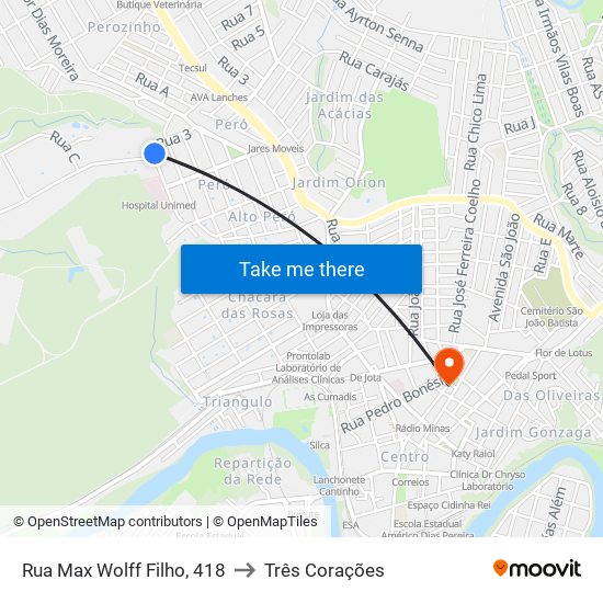 Rua Max Wolff Filho, 418 to Três Corações map