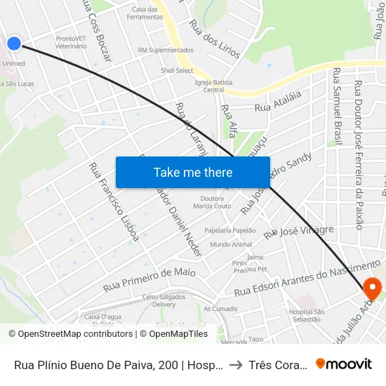 Rua Plínio Bueno De Paiva, 200 | Hospital Unimed to Três Corações map