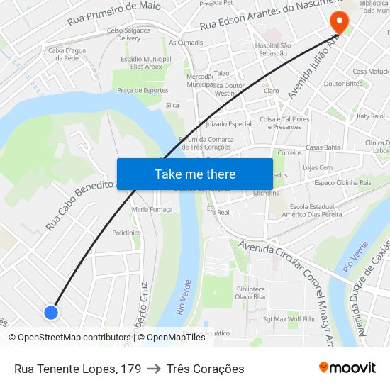 Rua Tenente Lopes, 179 to Três Corações map