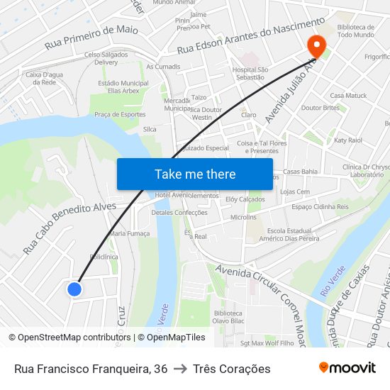 Rua Francisco Franqueira, 36 to Três Corações map