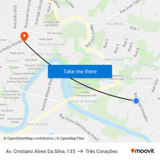 Av. Cristiano Alves Da Silva, 135 to Três Corações map