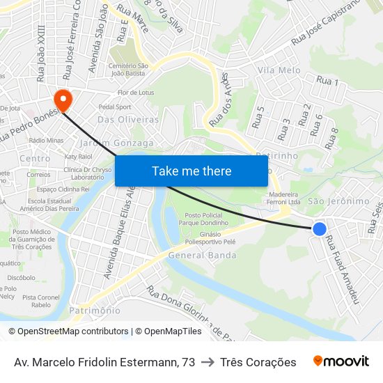 Av. Marcelo Fridolin Estermann, 73 to Três Corações map