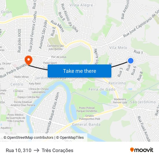 Rua 10, 310 to Três Corações map