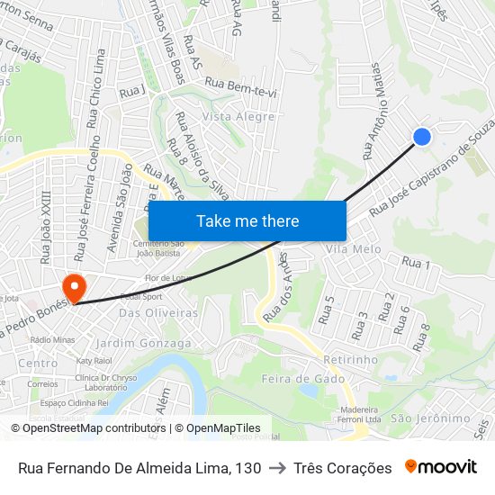 Rua Fernando De Almeida Lima, 130 to Três Corações map
