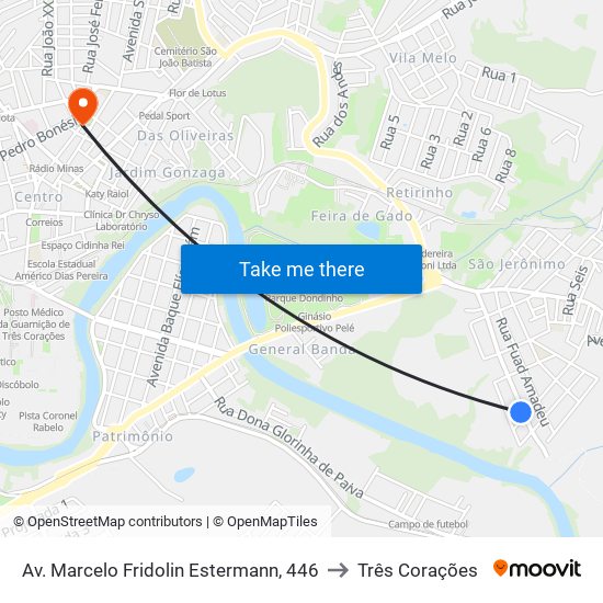 Av. Marcelo Fridolin Estermann, 446 to Três Corações map