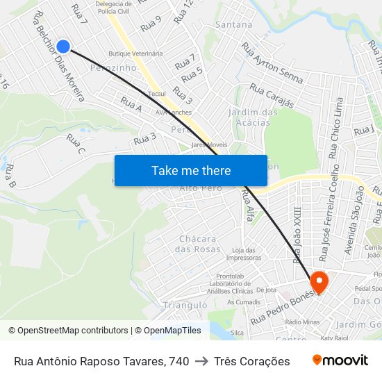 Rua Antônio Raposo Tavares, 740 to Três Corações map