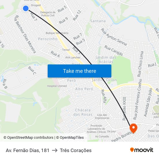 Av. Fernão Dias, 181 to Três Corações map