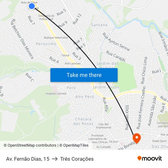Av. Fernão Dias, 15 to Três Corações map