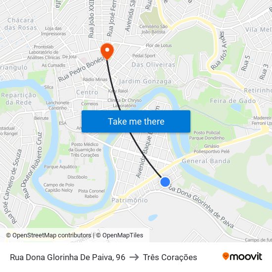 Rua Dona Glorinha De Paiva, 96 to Três Corações map