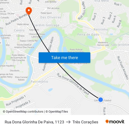 Rua Dona Glorinha De Paiva, 1123 to Três Corações map