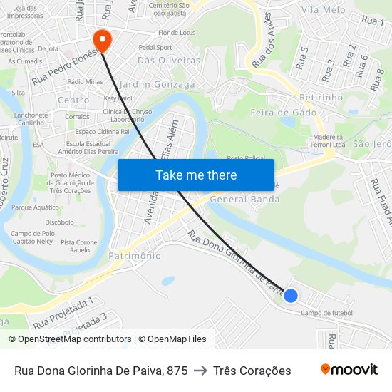 Rua Dona Glorinha De Paiva, 875 to Três Corações map