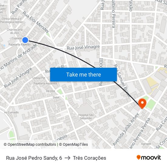 Rua José Pedro Sandy, 6 to Três Corações map