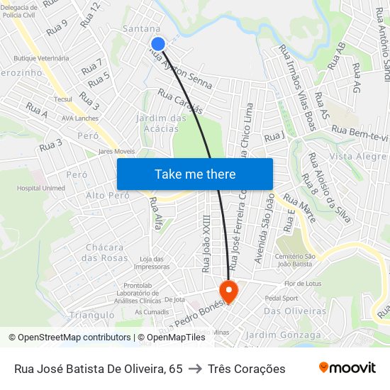 Rua José Batista De Oliveira, 65 to Três Corações map