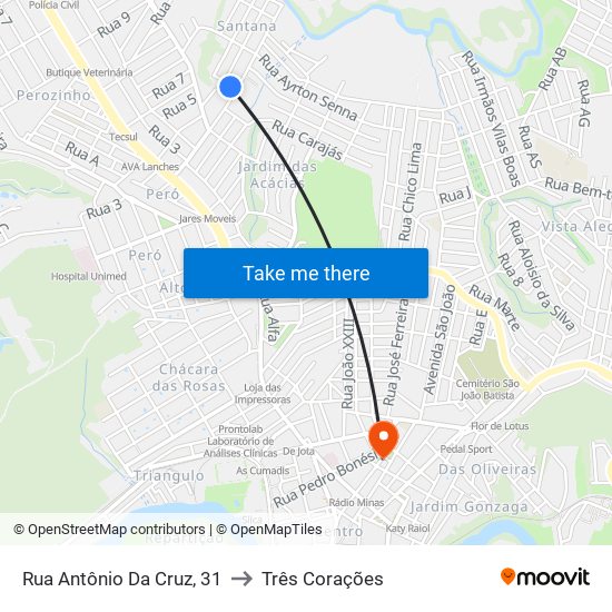 Rua Antônio Da Cruz, 31 to Três Corações map