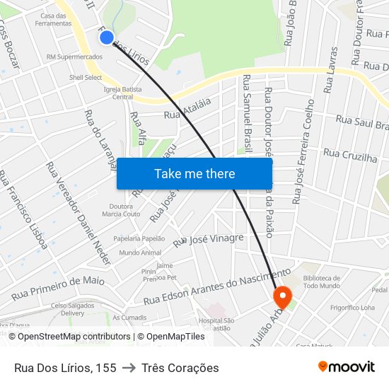 Rua Dos Lírios, 155 to Três Corações map