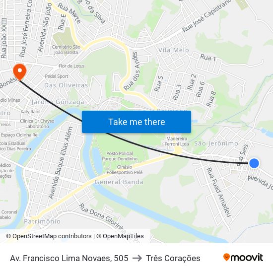Av. Francisco Lima Novaes, 505 to Três Corações map