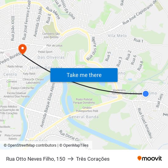 Rua Otto Neves Filho, 150 to Três Corações map