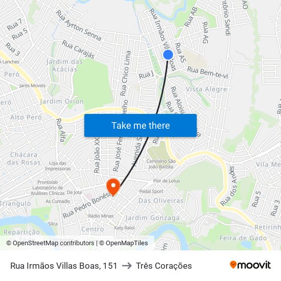 Rua Irmãos Villas Boas, 151 to Três Corações map