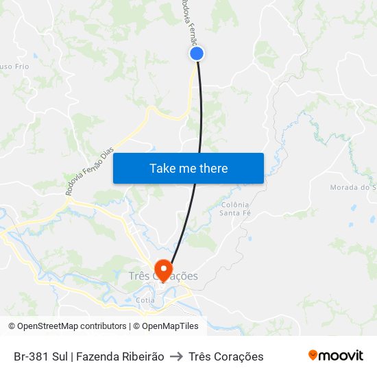 Br-381 Sul | Fazenda Ribeirão to Três Corações map