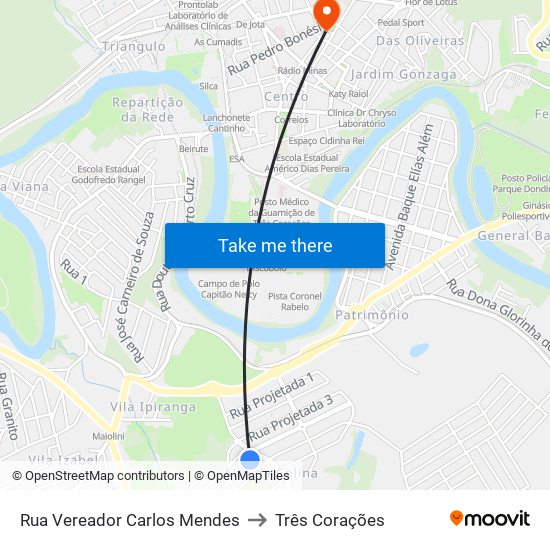 Rua Vereador Carlos Mendes to Três Corações map