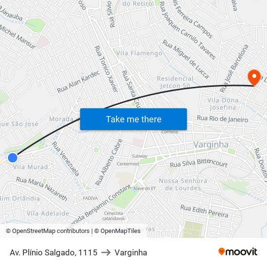 Av. Plínio Salgado, 1115 to Varginha map