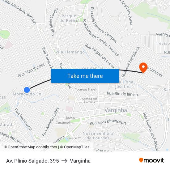 Av. Plínio Salgado, 395 to Varginha map