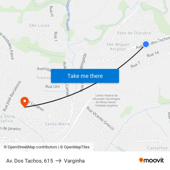 Av. Dos Tachos, 615 to Varginha map