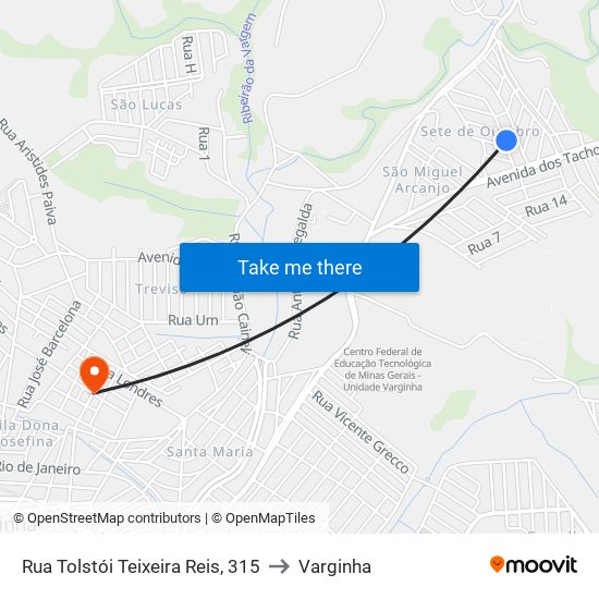 Rua Tolstói Teixeira Reis, 315 to Varginha map