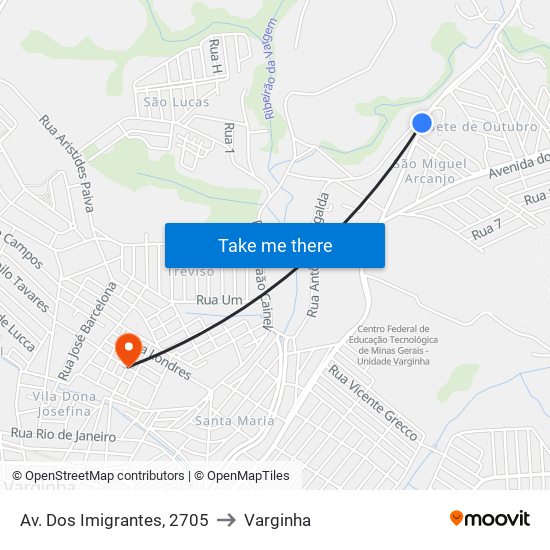 Av. Dos Imigrantes, 2705 to Varginha map