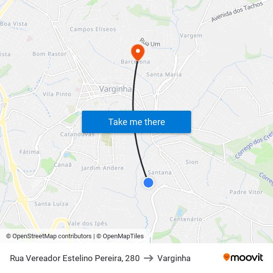 Rua Vereador Estelino Pereira, 280 to Varginha map