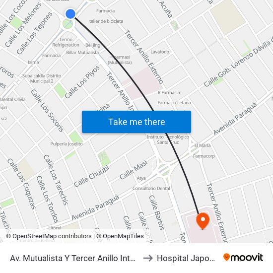 Av. Mutualista Y Tercer Anillo Interno to Hospital Japonés map