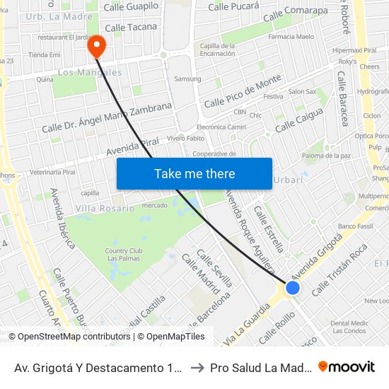 Av. Grigotá Y Destacamento 115 to Pro Salud La Madre map