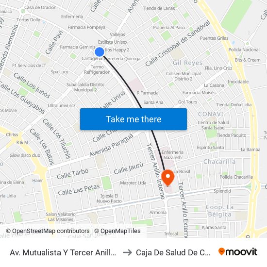 Av. Mutualista Y Tercer Anillo Interno to Caja De Salud De Caminos map