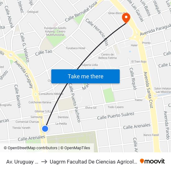 Av. Uruguay Y Tumusla to Uagrm Facultad De Ciencias Agrícolas Unidad De Postgrado map