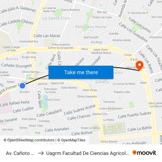 Av. Cañoto Y Libertad to Uagrm Facultad De Ciencias Agrícolas Unidad De Postgrado map