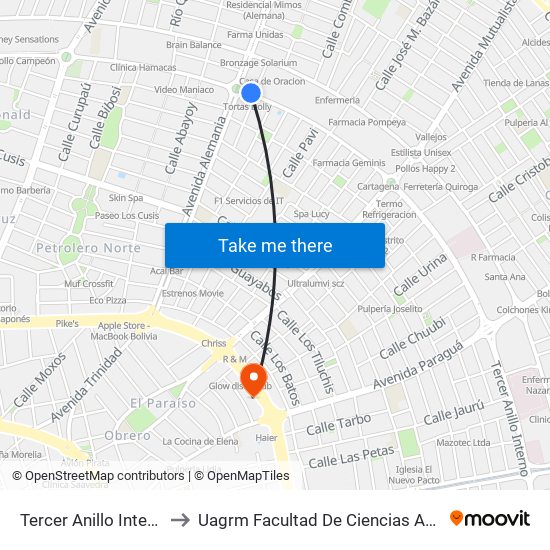 Tercer Anillo Interno Y Av. Alemania to Uagrm Facultad De Ciencias Agrícolas Unidad De Postgrado map