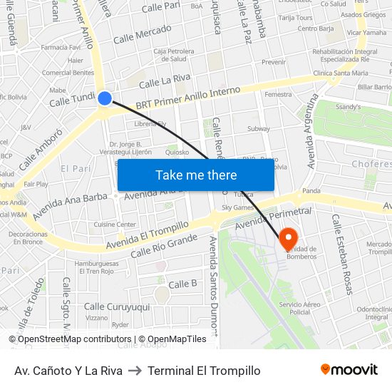 Av. Cañoto Y La Riva to Terminal El Trompillo map