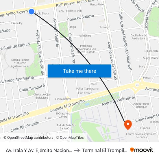 Av. Irala Y Av. Ejército Nacional to Terminal El Trompillo map