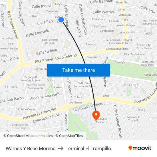 Warnes Y René Moreno to Terminal El Trompillo map