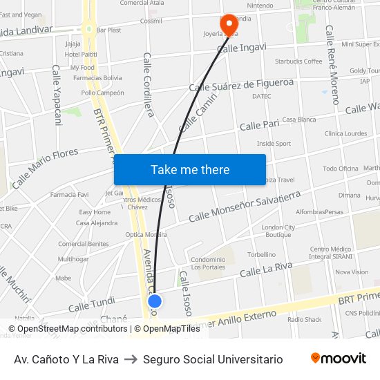 Av. Cañoto Y La Riva to Seguro Social Universitario map