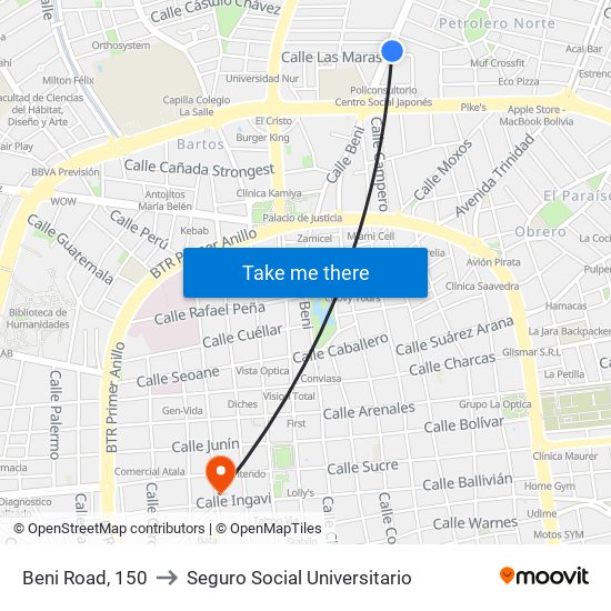 Beni Road, 150 to Seguro Social Universitario map