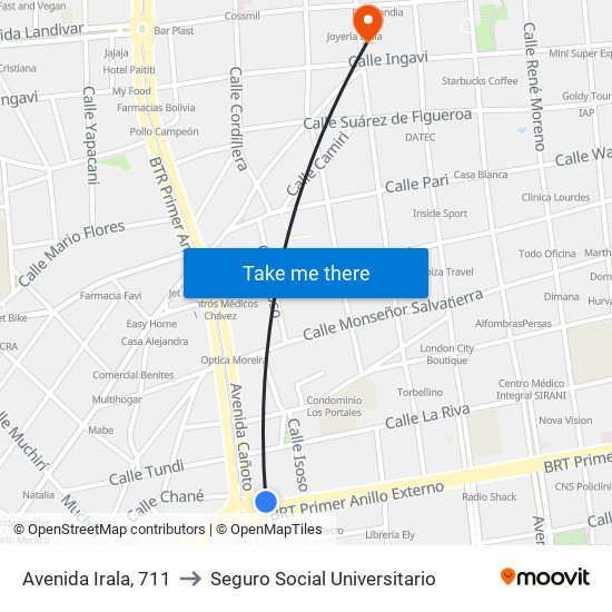 Avenida Irala, 711 to Seguro Social Universitario map