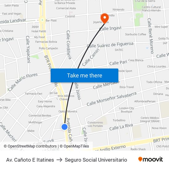 Av. Cañoto E Itatines to Seguro Social Universitario map