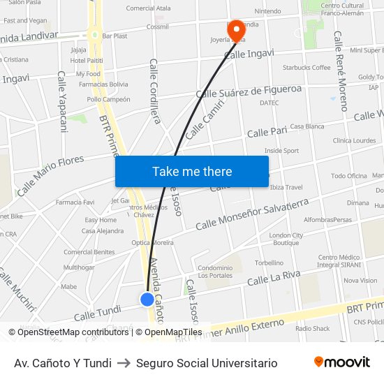 Av. Cañoto Y Tundi to Seguro Social Universitario map