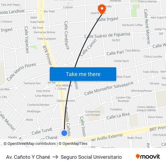 Av. Cañoto Y Chané to Seguro Social Universitario map