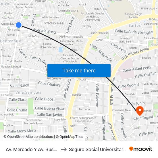 Av. Mercado Y Av. Busch to Seguro Social Universitario map