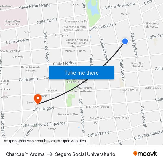 Charcas Y Aroma to Seguro Social Universitario map