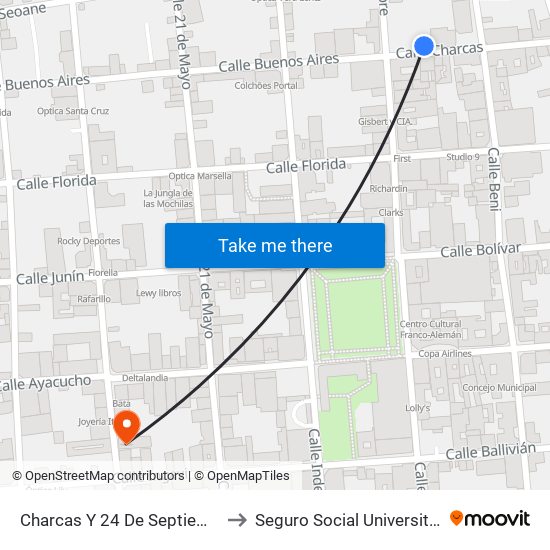 Charcas Y 24 De Septiembre to Seguro Social Universitario map